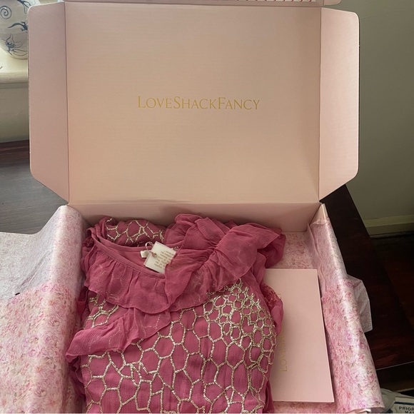 NWT LoveShackFancy Pink and Gold Ruffle Angora Mini Dress - Picture 10 of 10